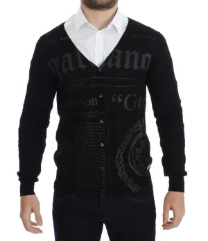 Black Wool Button Down Logo Cardigan