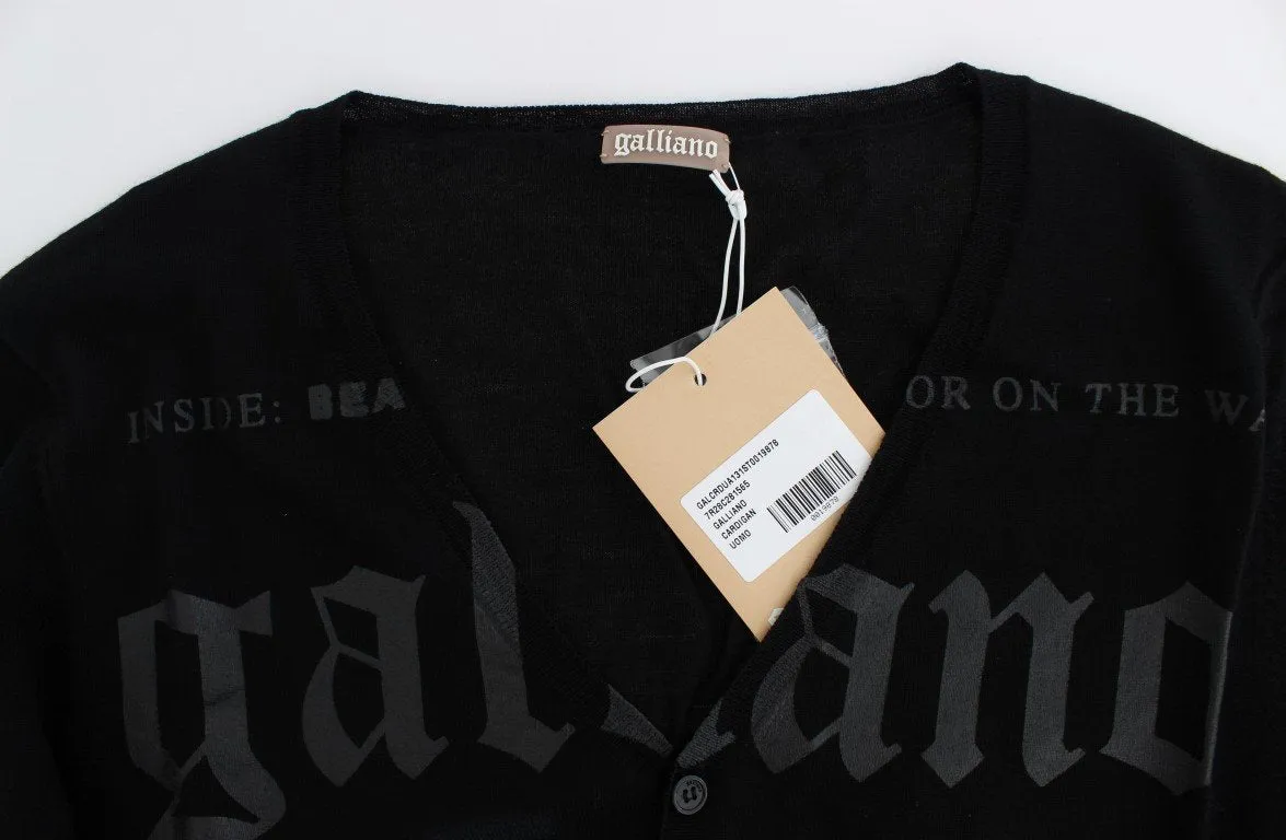 Black Wool Button Down Logo Cardigan
