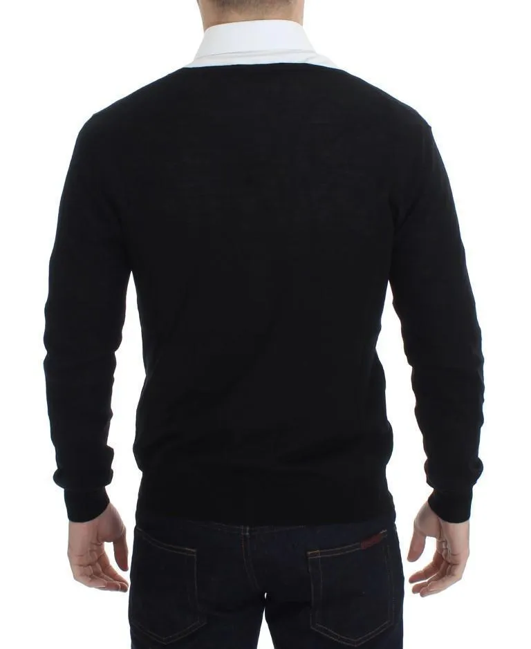 Black Wool Button Down Logo Cardigan