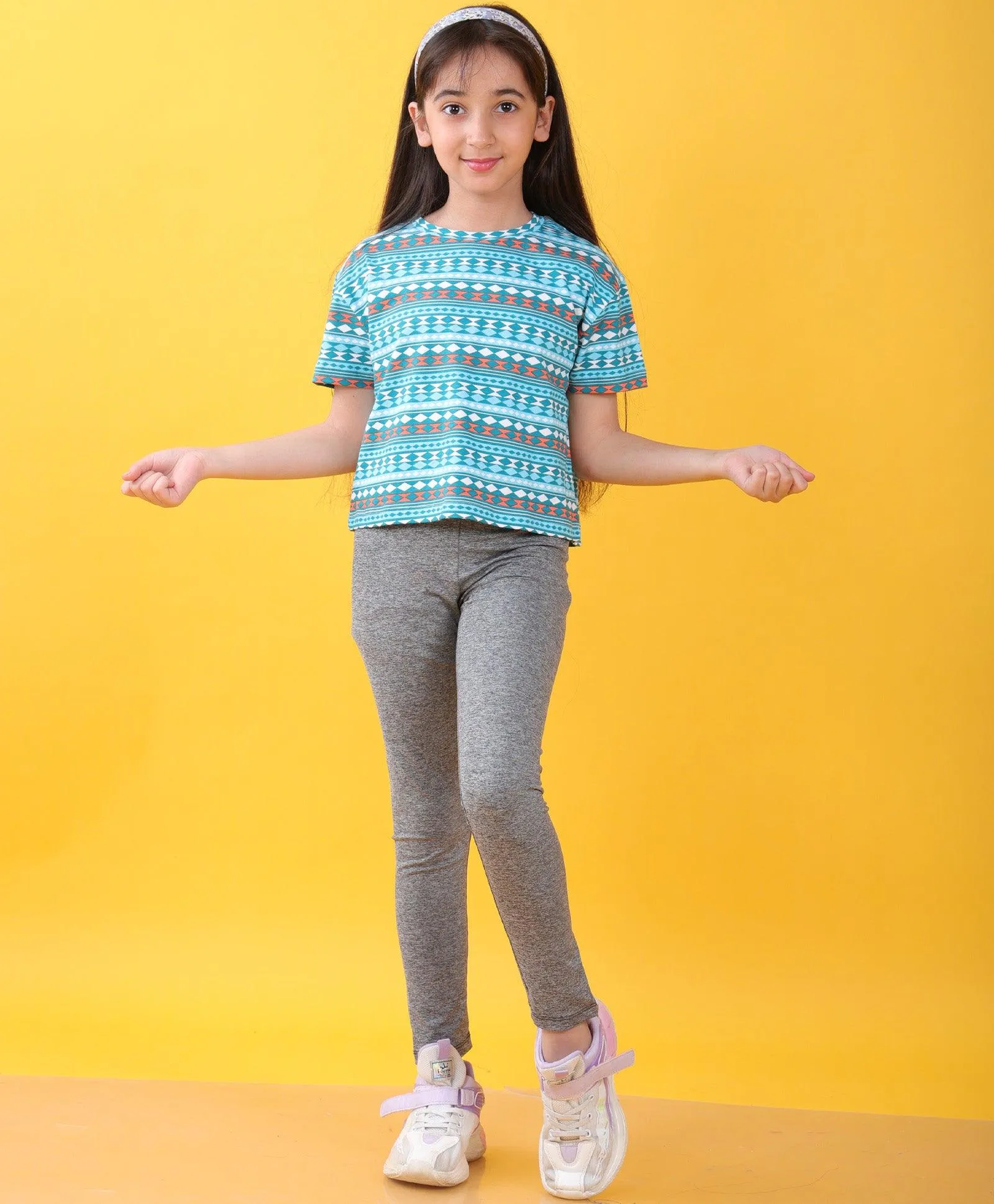 BLUE GREEN TSHIRT BLACK MELANGE SPORTY LEGGINGS SET - BLUE/BLACK