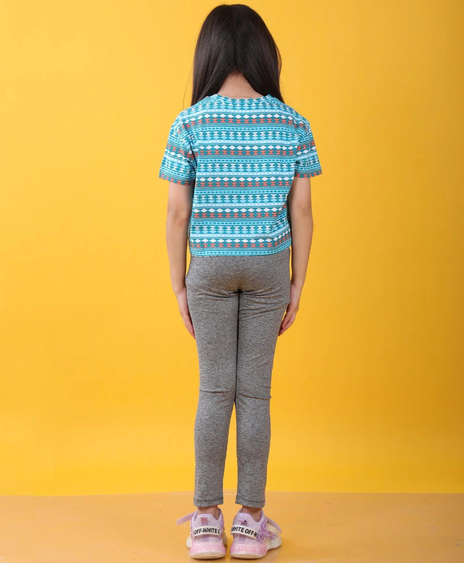 BLUE GREEN TSHIRT BLACK MELANGE SPORTY LEGGINGS SET - BLUE/BLACK
