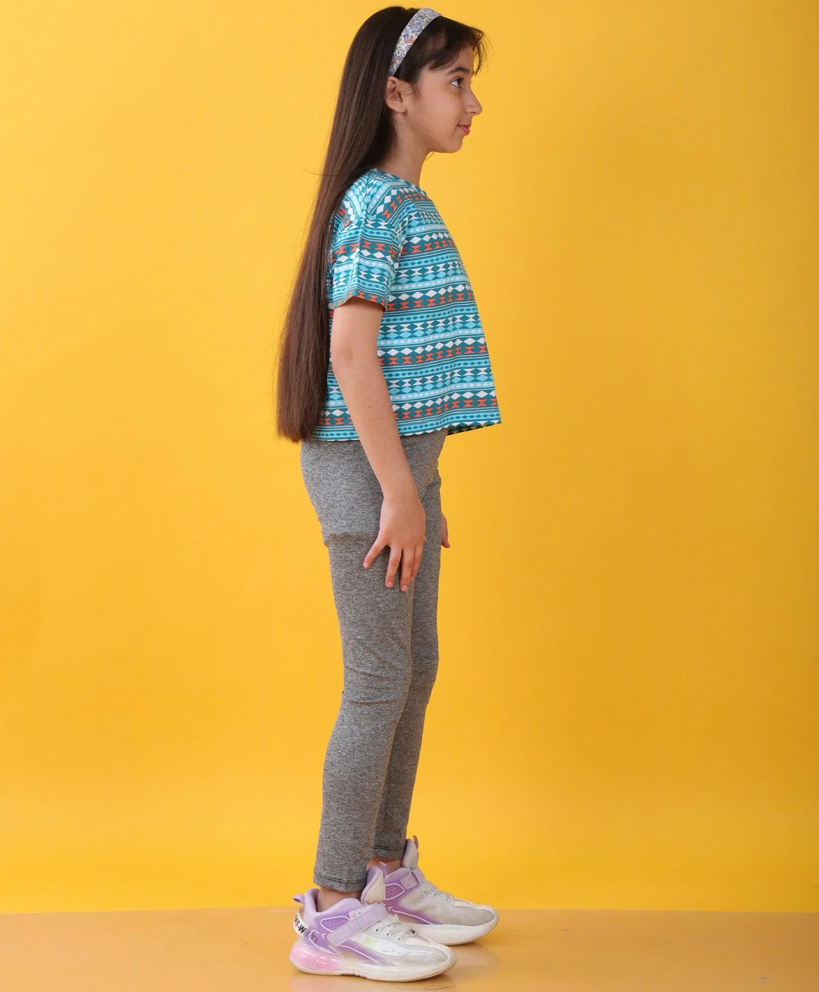 BLUE GREEN TSHIRT BLACK MELANGE SPORTY LEGGINGS SET - BLUE/BLACK