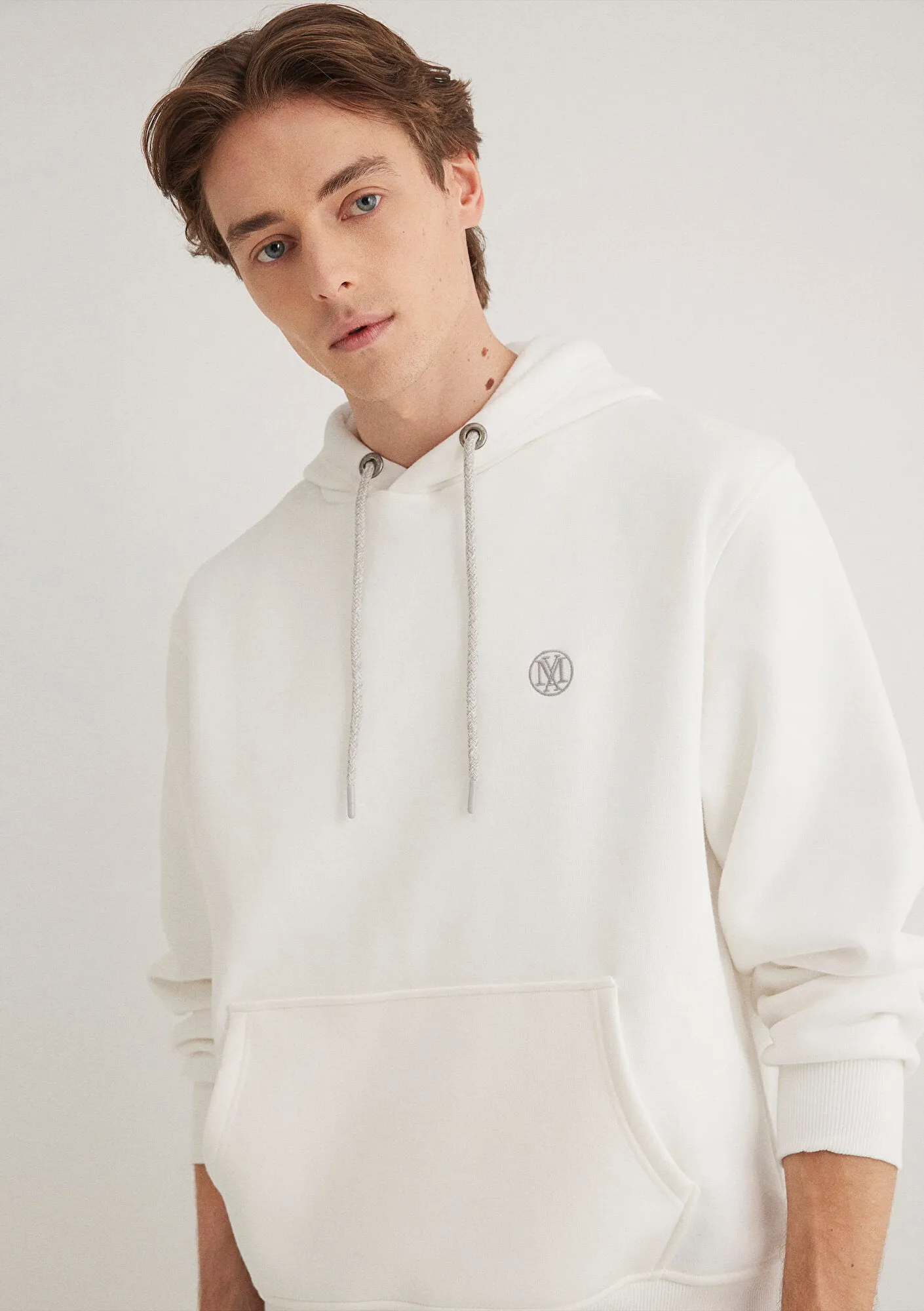Blue Logo Embroidered Hooded White Sweatshirt