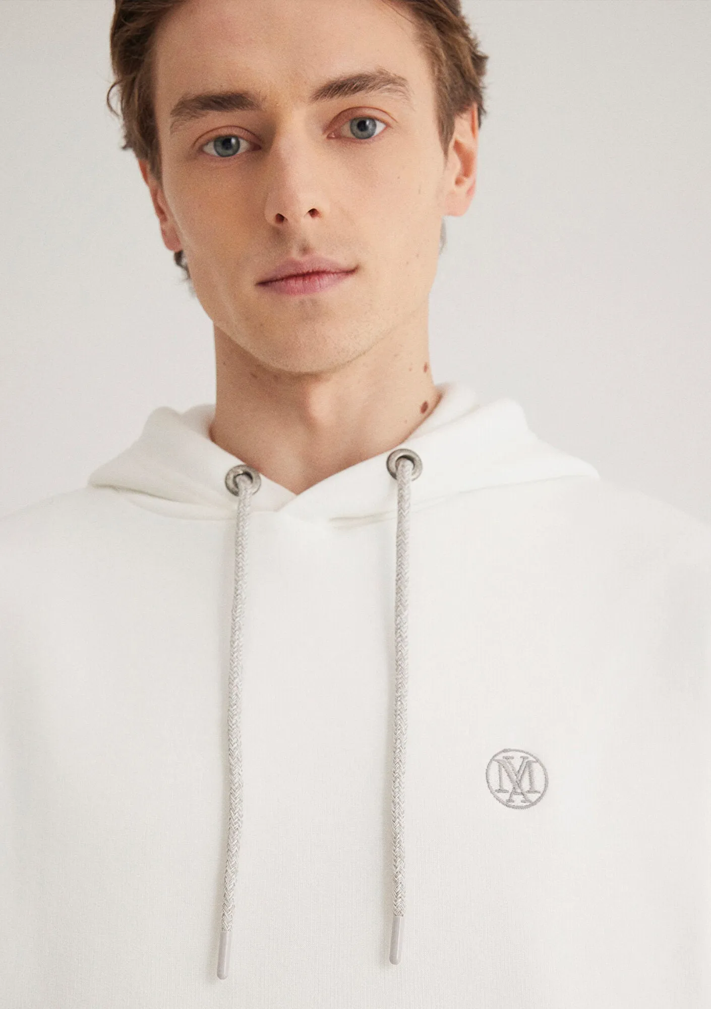 Blue Logo Embroidered Hooded White Sweatshirt