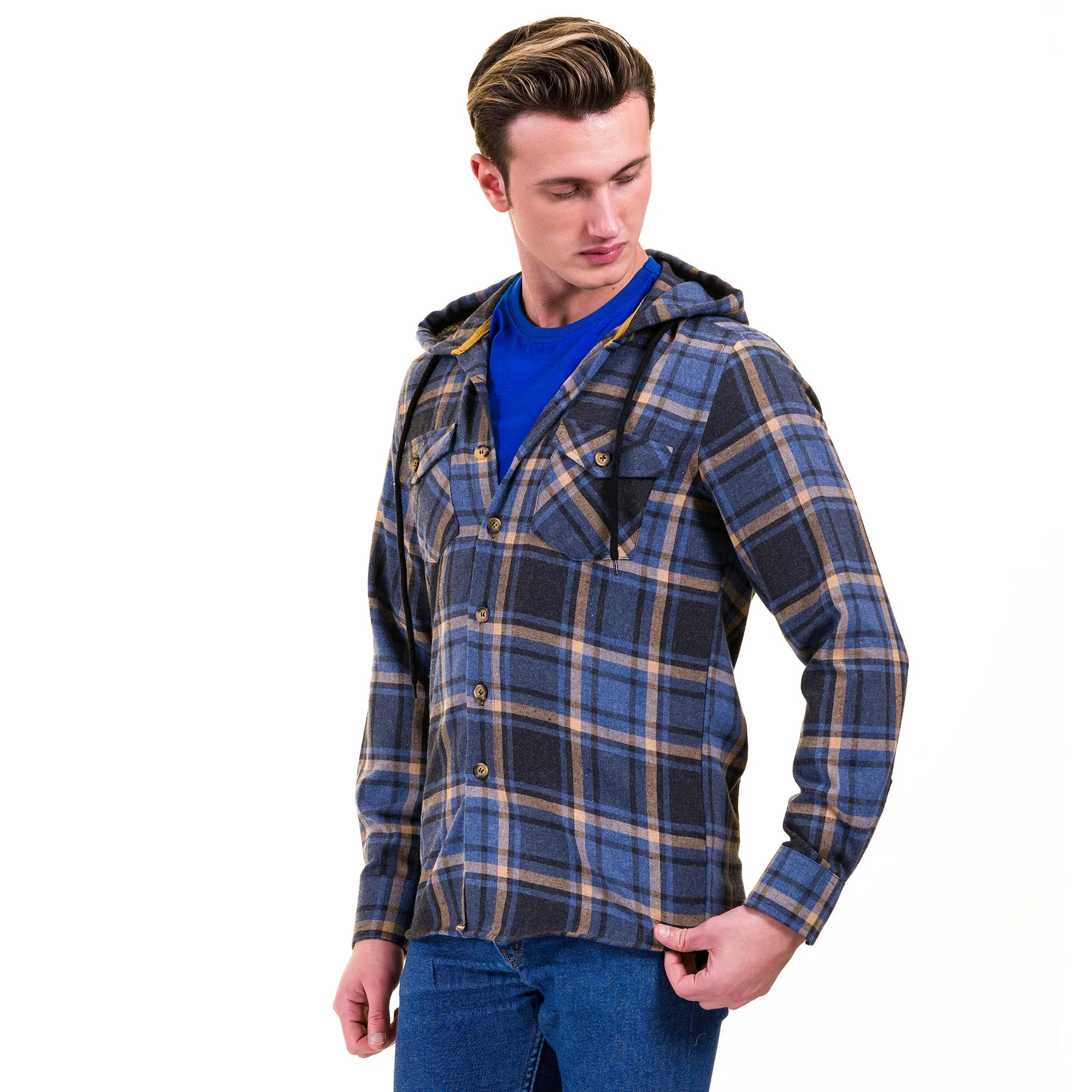 Blue Tan Check European Wool Luxury Zippered With Hoodie Sweater Jacket Warm Winter Tailor Fit
