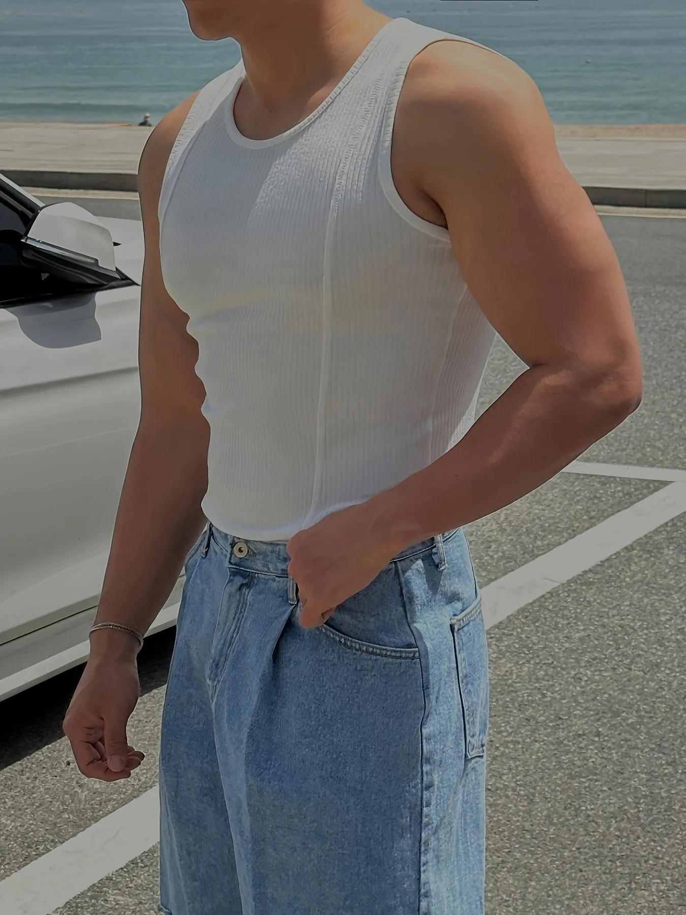 Bonsir Men'S Ribbed Knit Tank Tops, Polyester & Spandex Blend, Crew Neck, Medium Stretch, Solid Color, Skinny Fit, for Sports & Casual Wear, Summer Sleeveless Muscle Shirts