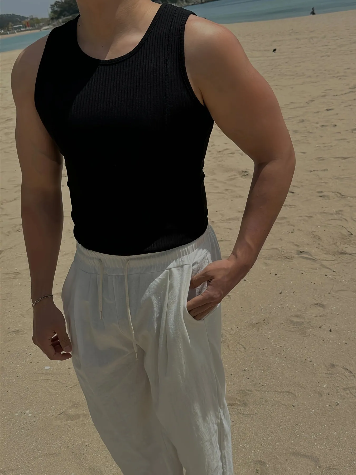Bonsir Men'S Ribbed Knit Tank Tops, Polyester & Spandex Blend, Crew Neck, Medium Stretch, Solid Color, Skinny Fit, for Sports & Casual Wear, Summer Sleeveless Muscle Shirts