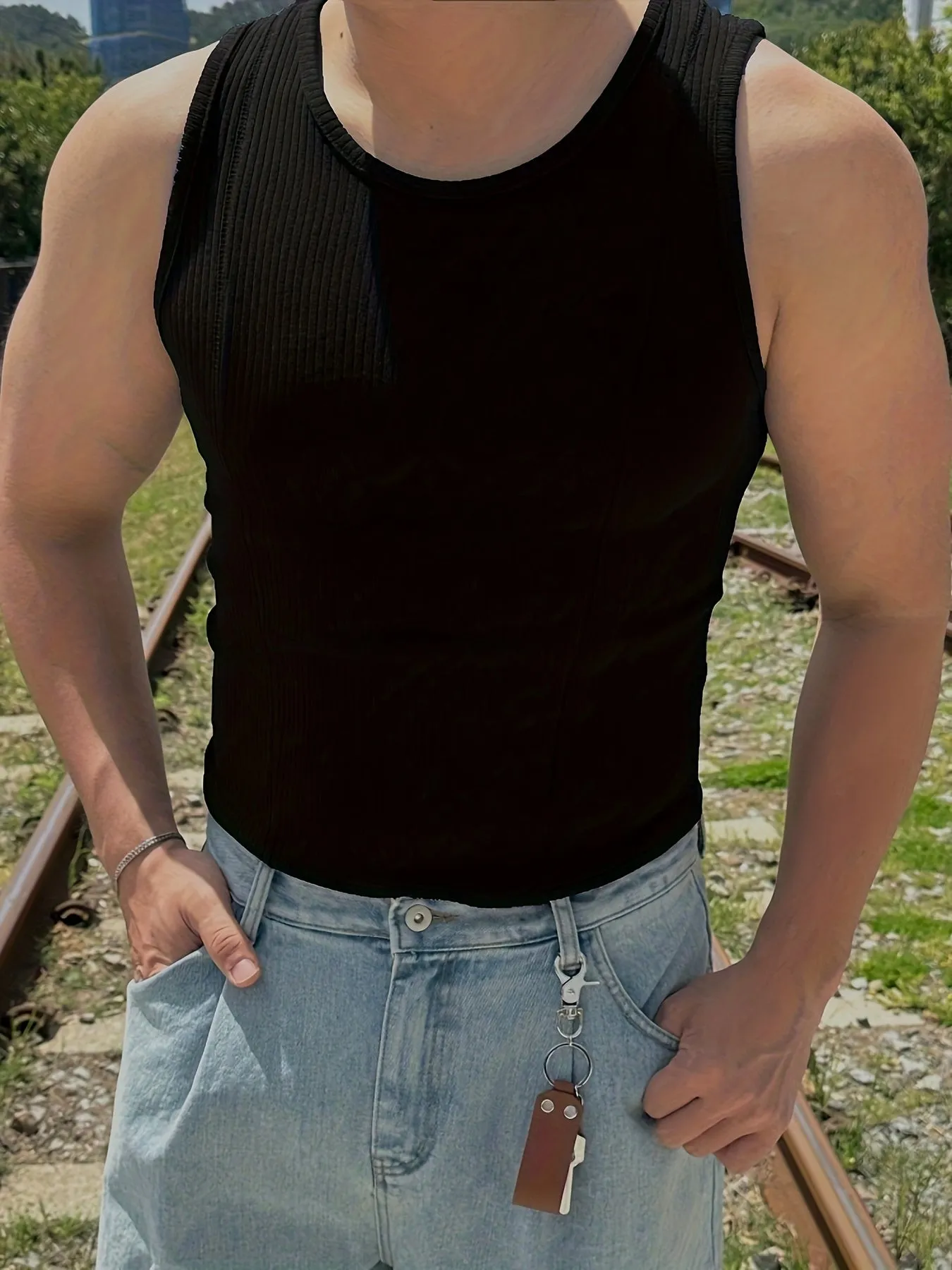 Bonsir Men'S Ribbed Knit Tank Tops, Polyester & Spandex Blend, Crew Neck, Medium Stretch, Solid Color, Skinny Fit, for Sports & Casual Wear, Summer Sleeveless Muscle Shirts