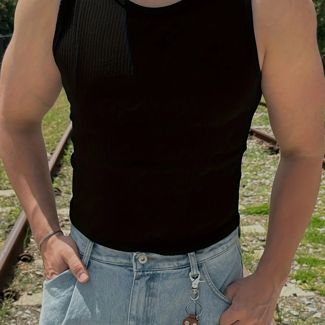 Bonsir Men'S Ribbed Knit Tank Tops, Polyester & Spandex Blend, Crew Neck, Medium Stretch, Solid Color, Skinny Fit, for Sports & Casual Wear, Summer Sleeveless Muscle Shirts