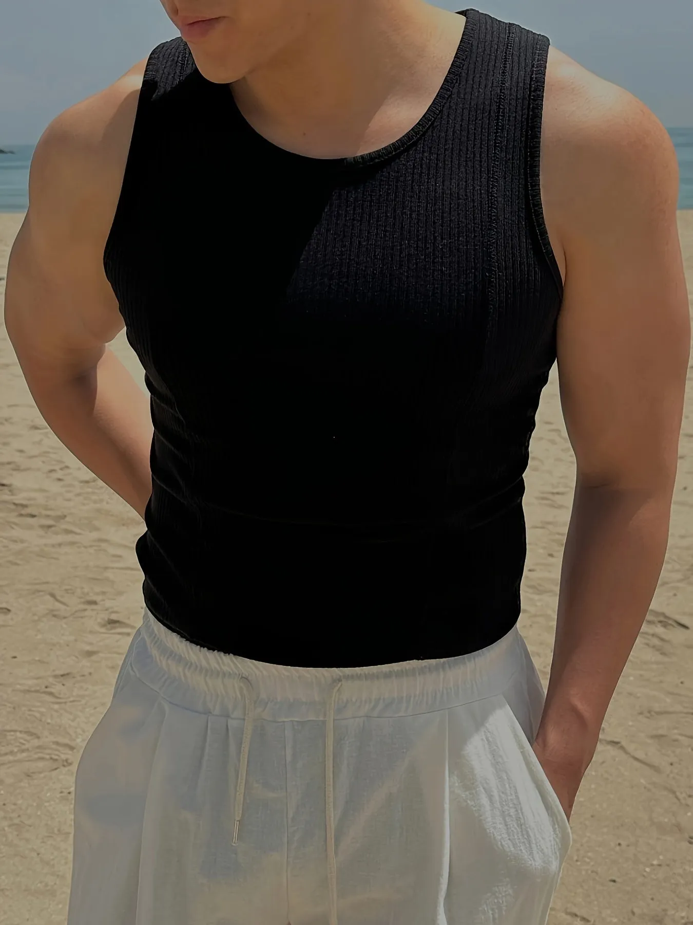 Bonsir Men'S Ribbed Knit Tank Tops, Polyester & Spandex Blend, Crew Neck, Medium Stretch, Solid Color, Skinny Fit, for Sports & Casual Wear, Summer Sleeveless Muscle Shirts