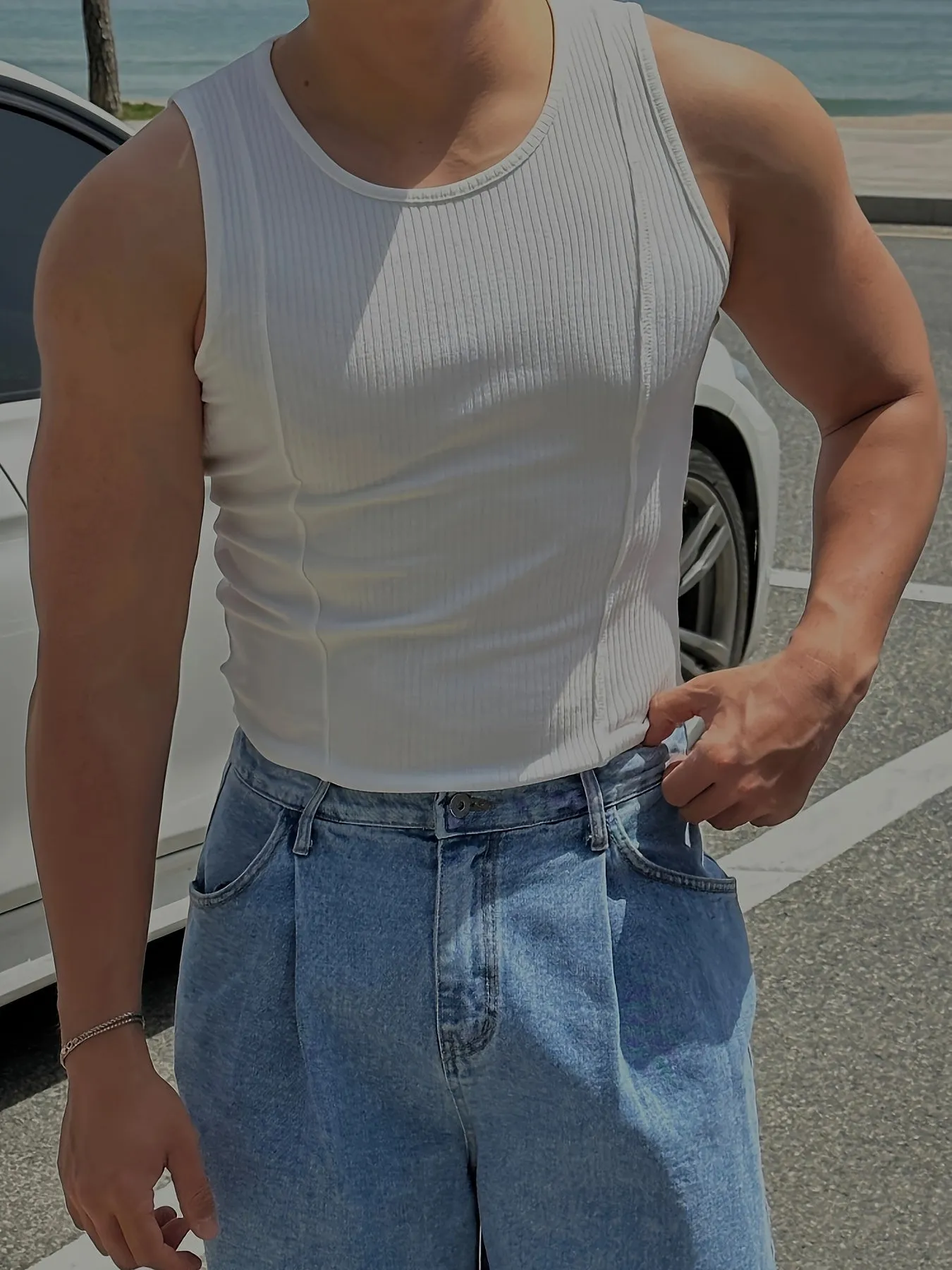 Bonsir Men'S Ribbed Knit Tank Tops, Polyester & Spandex Blend, Crew Neck, Medium Stretch, Solid Color, Skinny Fit, for Sports & Casual Wear, Summer Sleeveless Muscle Shirts