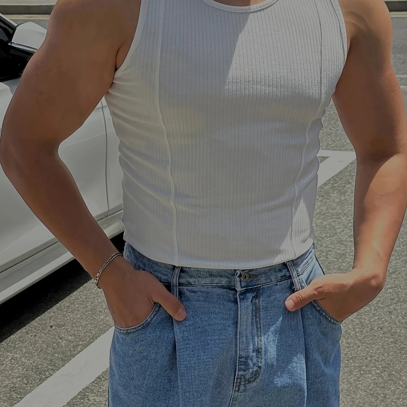 Bonsir Men'S Ribbed Knit Tank Tops, Polyester & Spandex Blend, Crew Neck, Medium Stretch, Solid Color, Skinny Fit, for Sports & Casual Wear, Summer Sleeveless Muscle Shirts