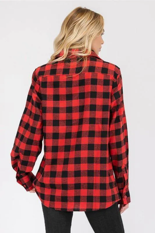 Boyfriend Fit Shirts Checker Plaid Flannel Long Sleeve