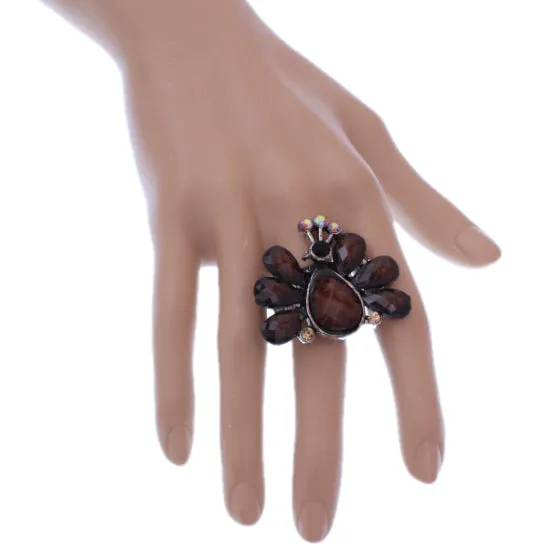 Brown Large Beaded Peacock Adjustable Ring