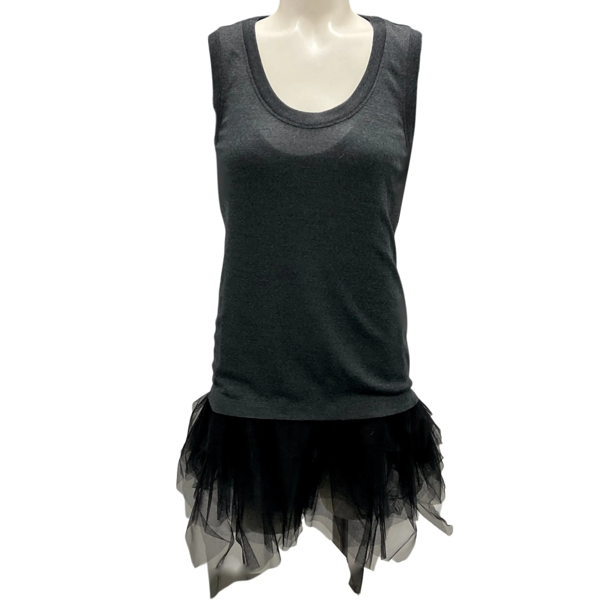 Brunello Cucinelli Charcoal Grey / Black Mesh Tulle Hem Sleeveless Wool Top
