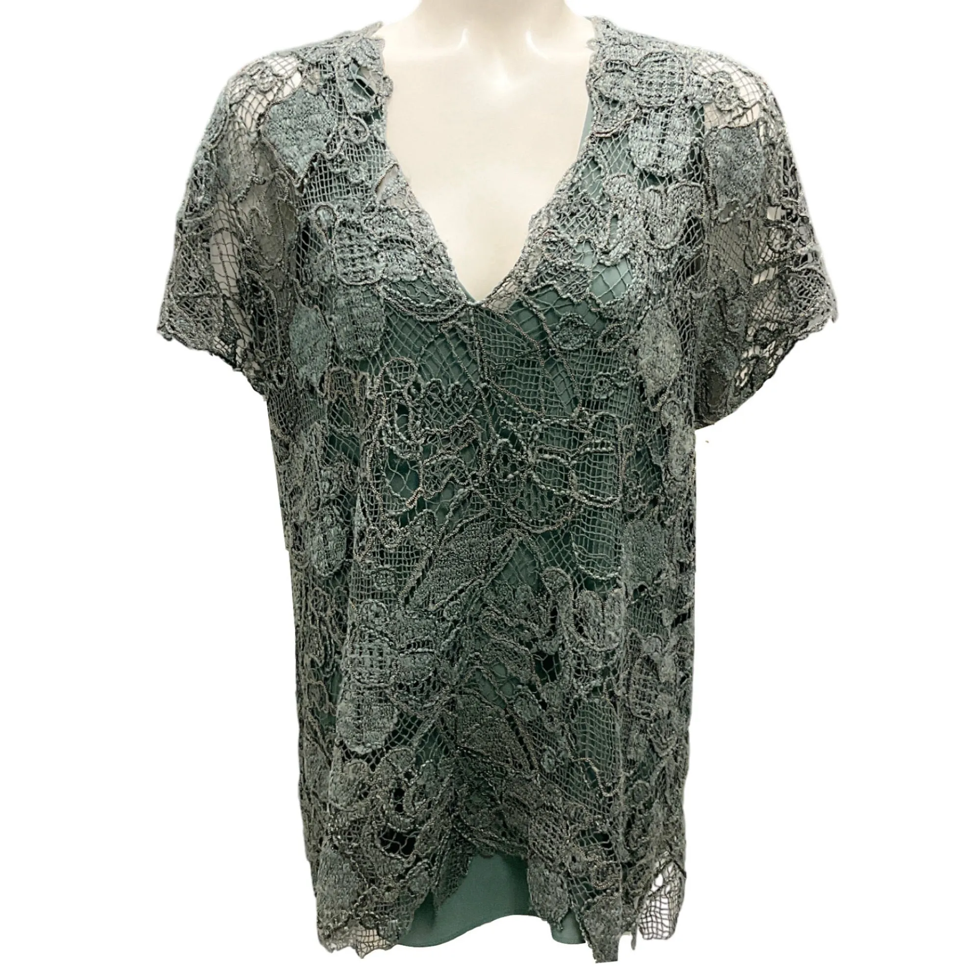 Brunello Cucinelli Mint Green Monili Bead Embellished Embroidered Crochet Knit Top
