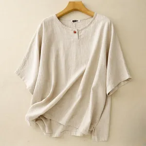 Buddha Stones Casual Plain  Women's Crew Neck Design Loose Half Sleeve Cotton Linen T-shirt