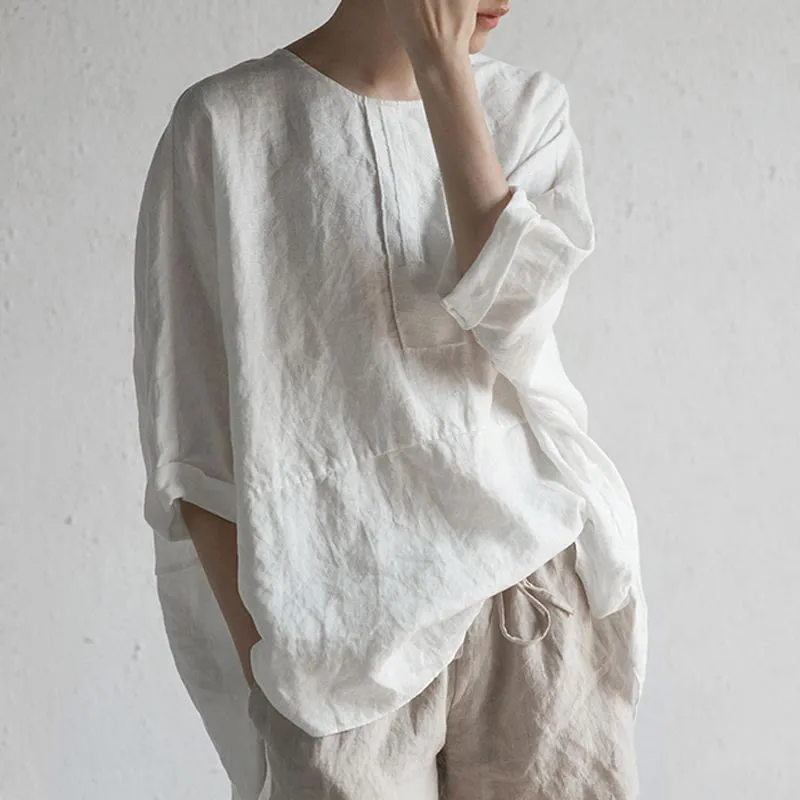 Buddha Stones Summer Casual Plain Half Sleeve Crew Neck Side Slit Cotton Linen Women's T-Shirt