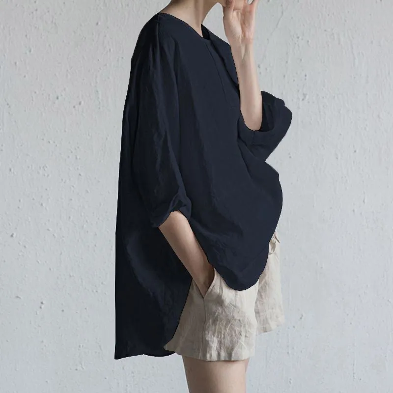 Buddha Stones Summer Casual Plain Half Sleeve Crew Neck Side Slit Cotton Linen Women's T-Shirt