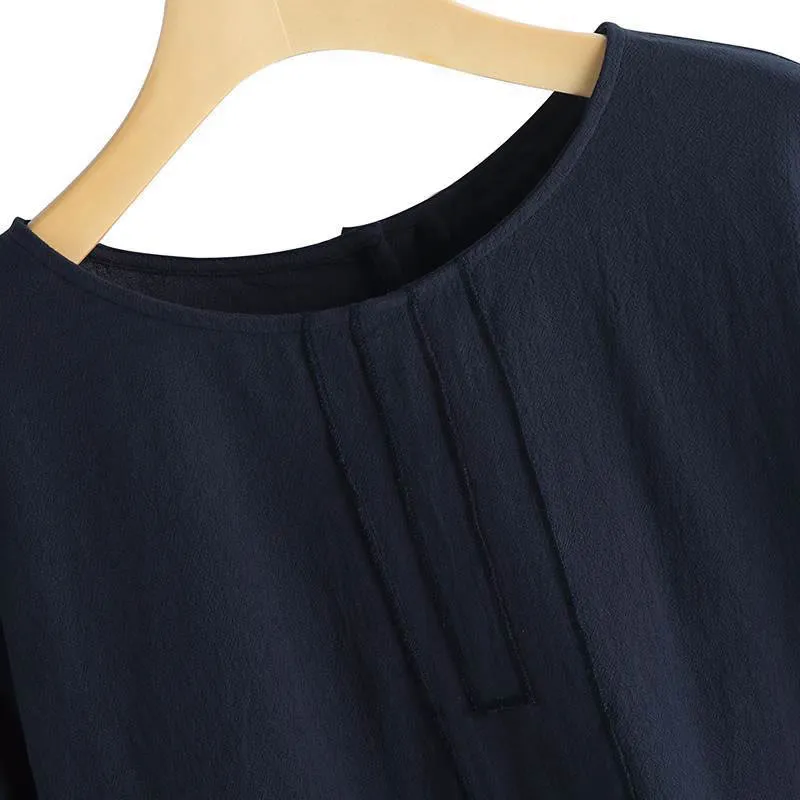 Buddha Stones Summer Casual Plain Half Sleeve Crew Neck Side Slit Cotton Linen Women's T-Shirt