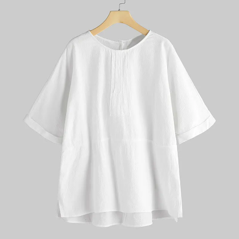 Buddha Stones Summer Casual Plain Half Sleeve Crew Neck Side Slit Cotton Linen Women's T-Shirt