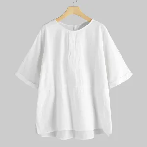 Buddha Stones Summer Casual Plain Half Sleeve Crew Neck Side Slit Cotton Linen Women's T-Shirt