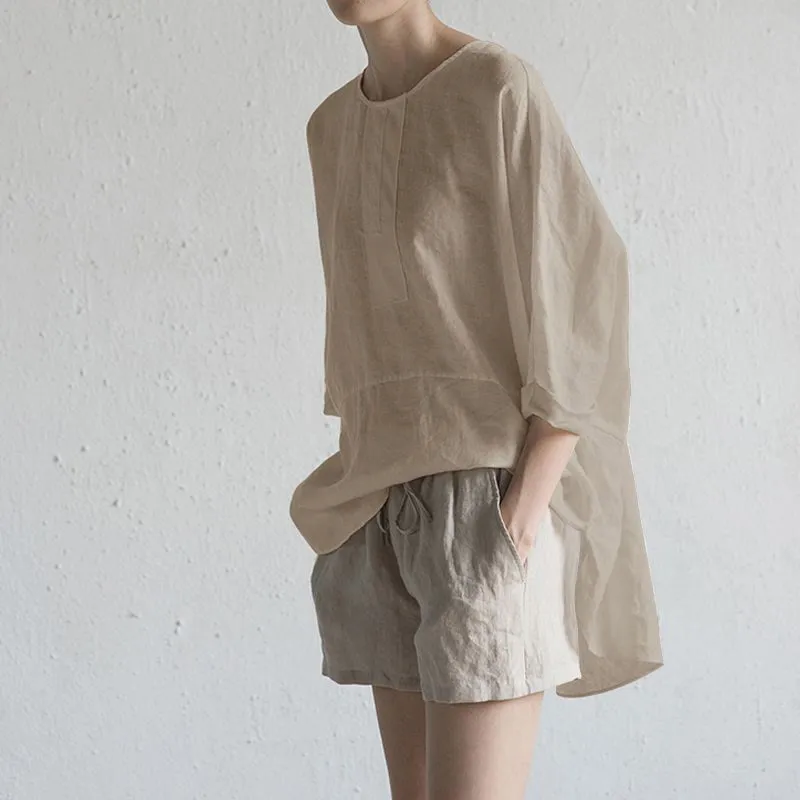Buddha Stones Summer Casual Plain Half Sleeve Crew Neck Side Slit Cotton Linen Women's T-Shirt