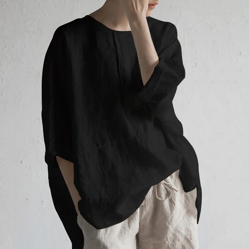 Buddha Stones Summer Casual Plain Half Sleeve Crew Neck Side Slit Cotton Linen Women's T-Shirt