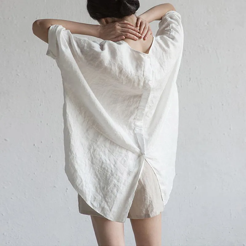 Buddha Stones Summer Casual Plain Half Sleeve Crew Neck Side Slit Cotton Linen Women's T-Shirt