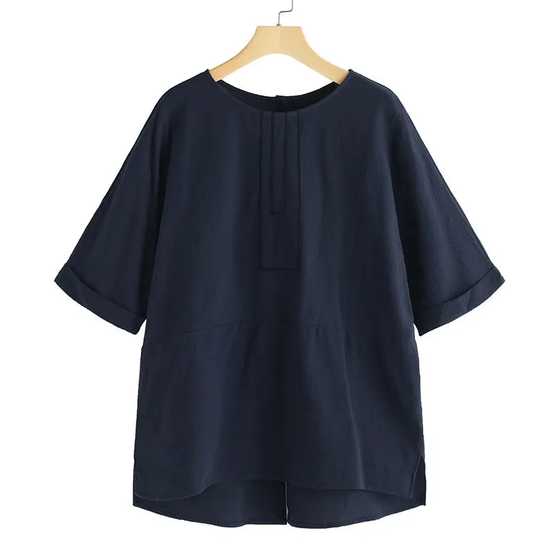 Buddha Stones Summer Casual Plain Half Sleeve Crew Neck Side Slit Cotton Linen Women's T-Shirt