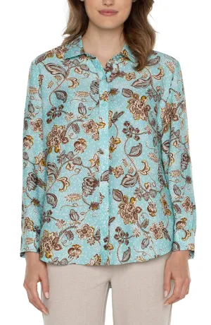 Button Up Woven Blouse - Pastel Turquoise Floral - SALE