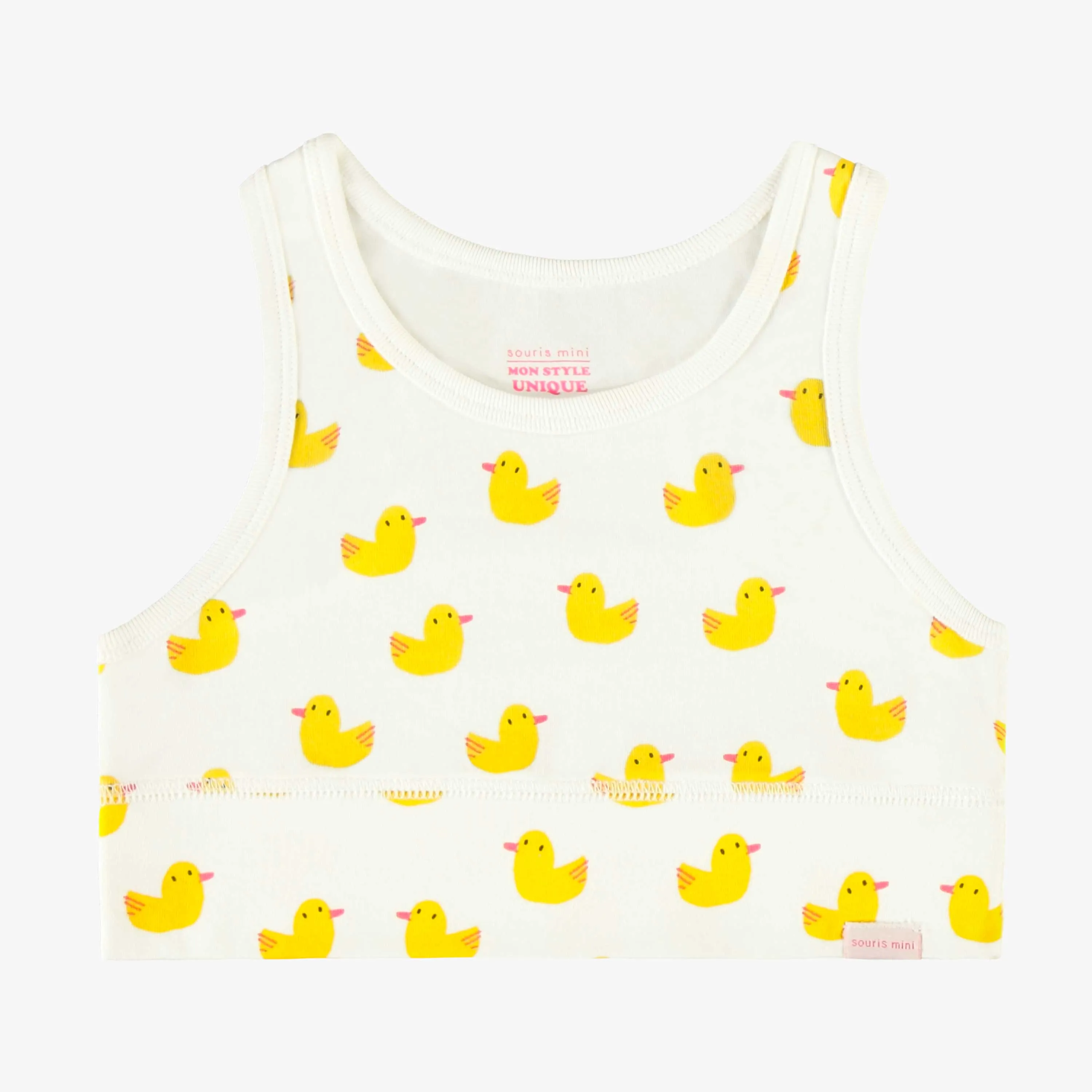 Camisole courte blanche avec motifs de canards jaunes en coton extensible, enfant  || White short camisole with yellow duck all over print in stretch coton, child