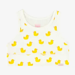 Camisole courte blanche avec motifs de canards jaunes en coton extensible, enfant  || White short camisole with yellow duck all over print in stretch coton, child