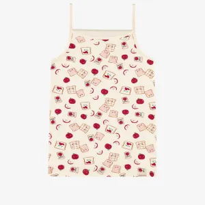 Camisole crème à motifs de pommes et tartines en jersey extensible, enfant || Cream camisole with apple and toast all over print in stretch jersey, child