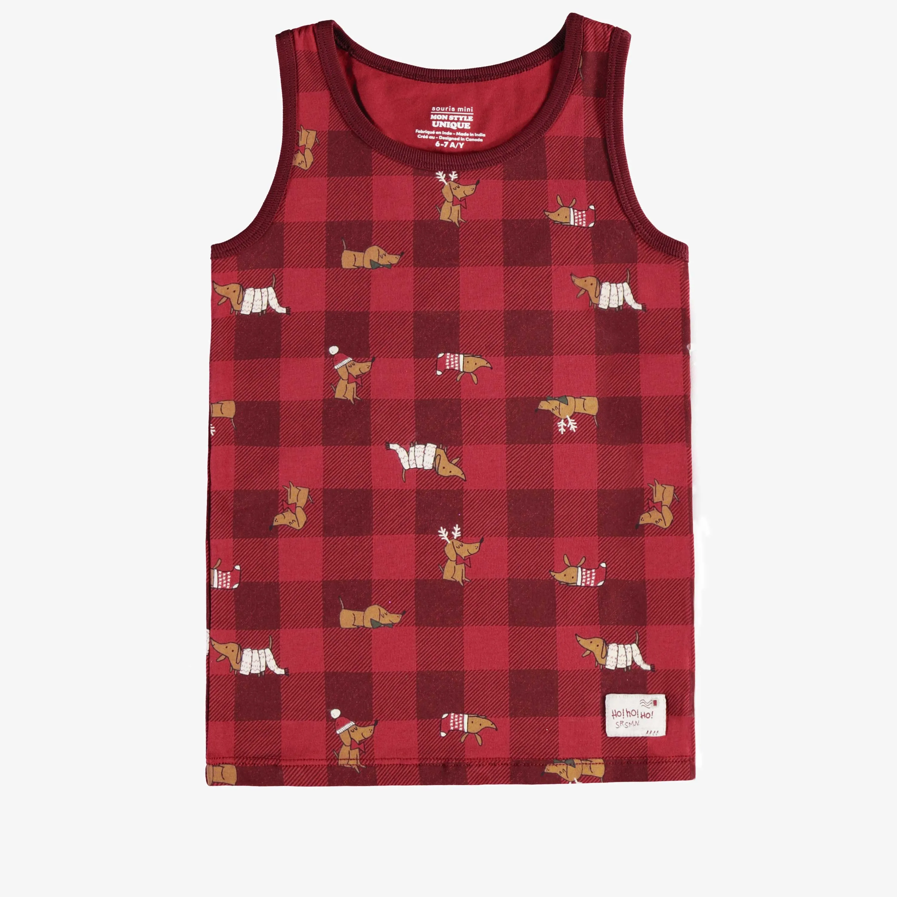 Camisole des fêtes rouge à carreaux en jersey extensible, enfant || Red plaid holiday camisole in stretch jersey, child