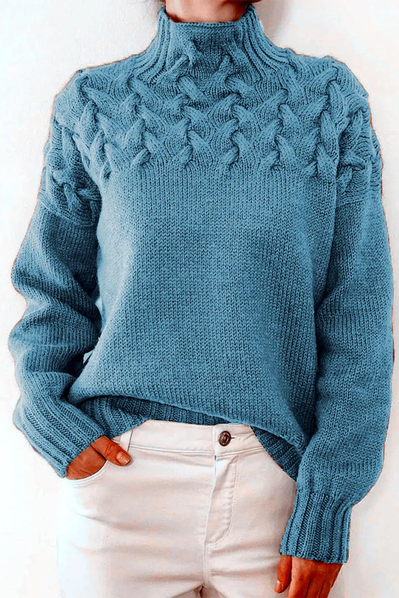 Casual Solid Weave Turtleneck Tops