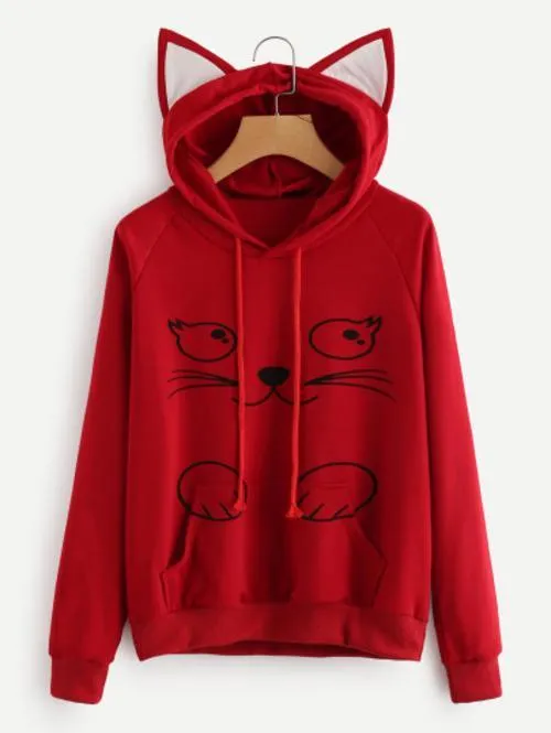 Cat Motif Hoodie Sweatshirt