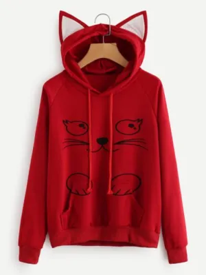 Cat Motif Hoodie Sweatshirt
