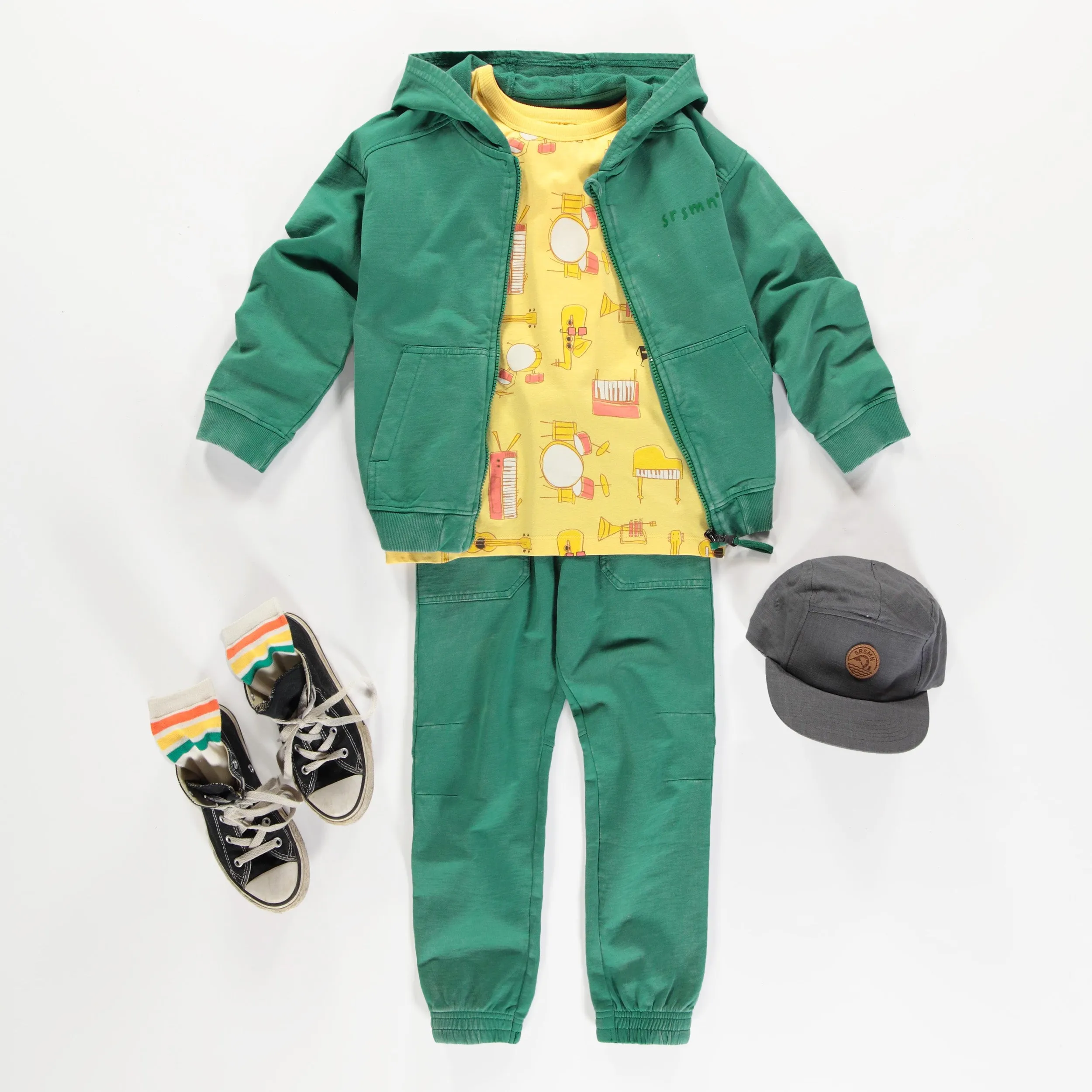 Chandail à capuchon et fermeture éclair vert en coton français, enfant  || Green hooded sweater with zipper in French terry, child