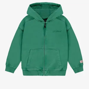 Chandail à capuchon et fermeture éclair vert en coton français, enfant  || Green hooded sweater with zipper in French terry, child