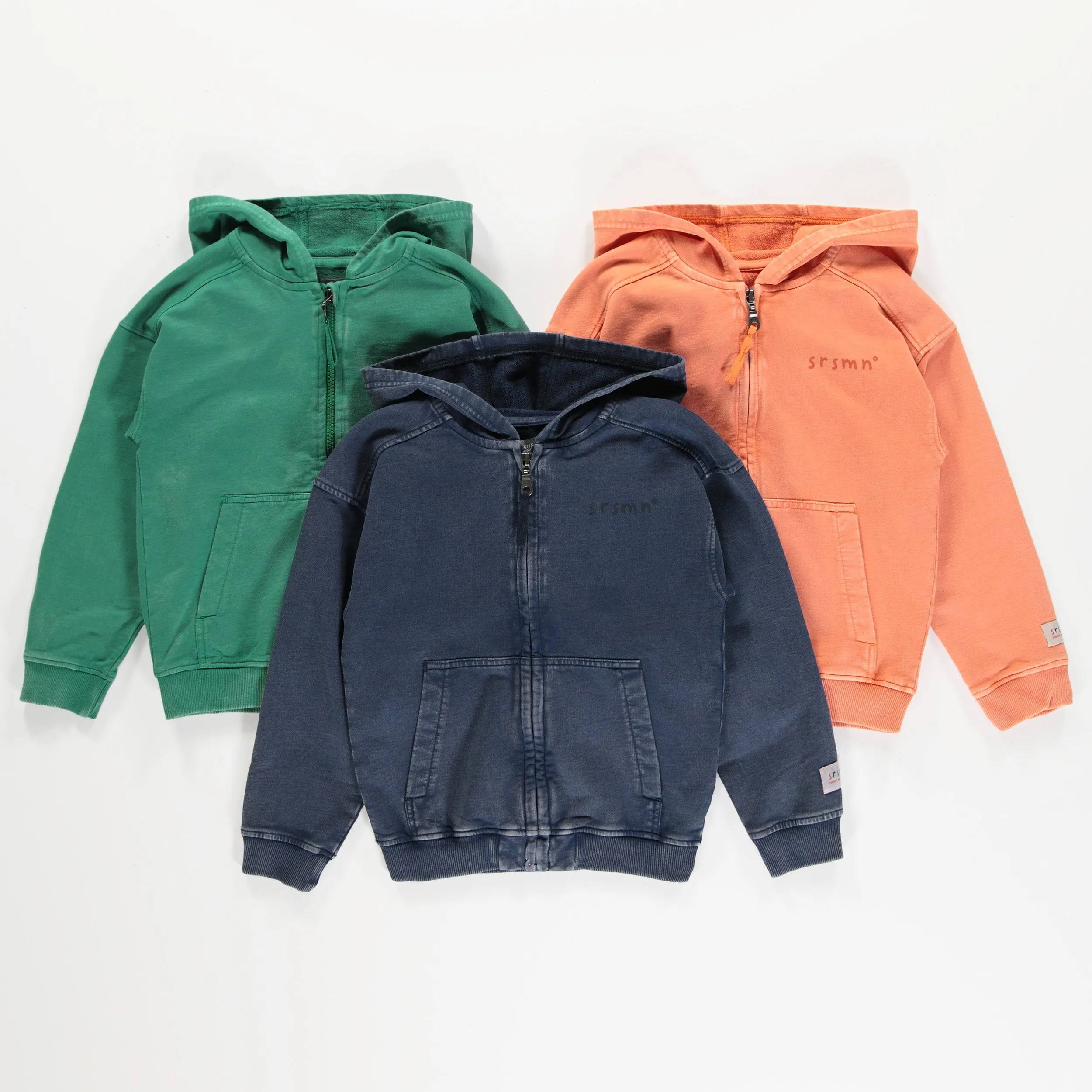 Chandail à capuchon et fermeture éclair vert en coton français, enfant  || Green hooded sweater with zipper in French terry, child