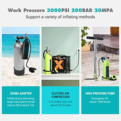CHIKADIV C400 Mini Scuba Tank Refillable Oxygen Cylinder with 1L Capacity Scuba Tank with 15-20 Minutes Underwater Diving Gear for Diver Portable Diving and Snorkeling Equipment C5 Green