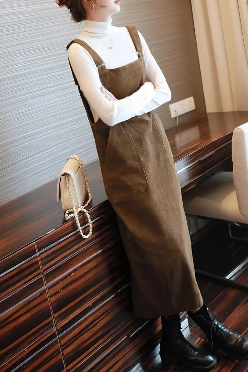 Chouyatou Womens Cute Corduroy Adjustable Strap Overall Dress fringe Pinafore Baggy Maxi Long Tank Dress