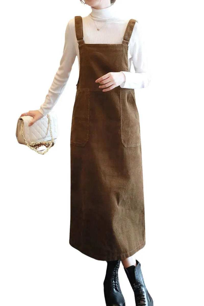Chouyatou Womens Cute Corduroy Adjustable Strap Overall Dress fringe Pinafore Baggy Maxi Long Tank Dress