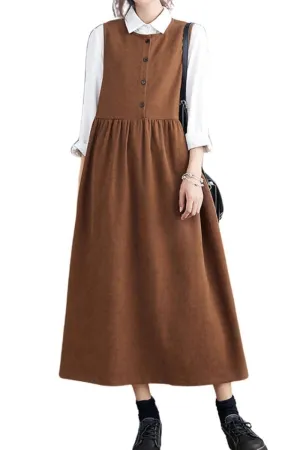 Chouyatou Women's Cute Sleeveless Corduroy Overall Dress Jumper Midi Babydoll Tank Dress with Pockets