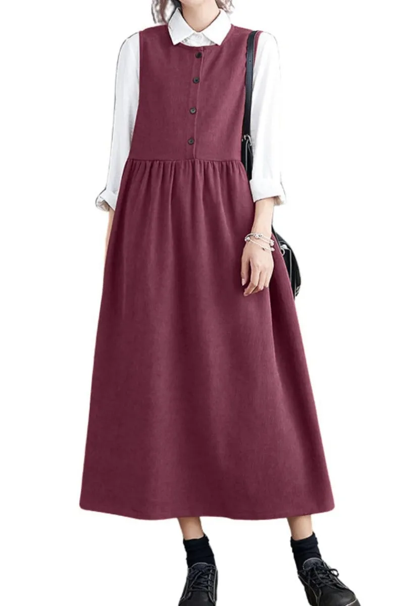 Chouyatou Women's Cute Sleeveless Corduroy Overall Dress Jumper Midi Babydoll Tank Dress with Pockets