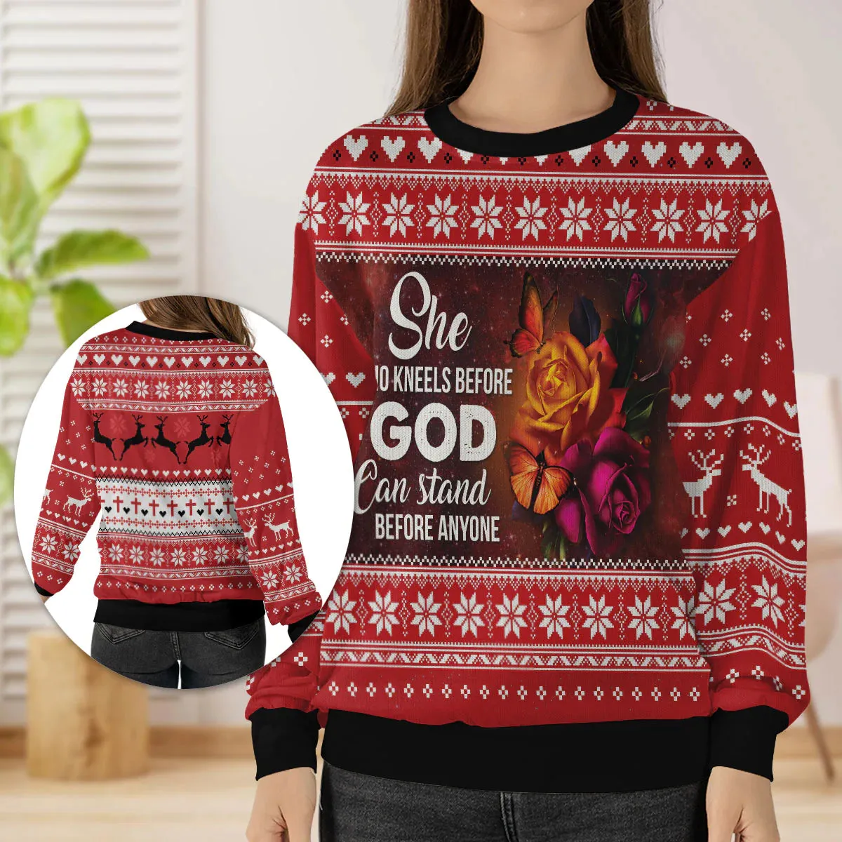 Christianartbag 3D Sweater, She Who Kneels Before God Can Stand Before Anyone, Unisex Sweater, Christmas Gift.