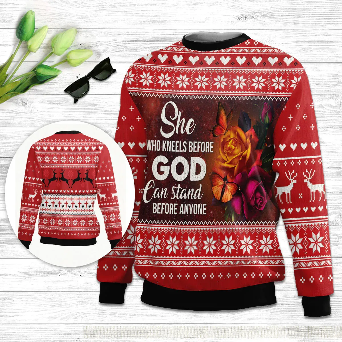 Christianartbag 3D Sweater, She Who Kneels Before God Can Stand Before Anyone, Unisex Sweater, Christmas Gift.