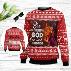 Christianartbag 3D Sweater, She Who Kneels Before God Can Stand Before Anyone, Unisex Sweater, Christmas Gift.