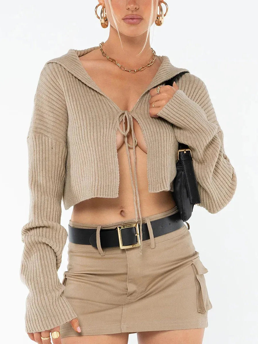 Color V Neck Long Sleeve Tie-up Spring Fall Going Out Sweater Vintage Streetwear Tank Solid Top
